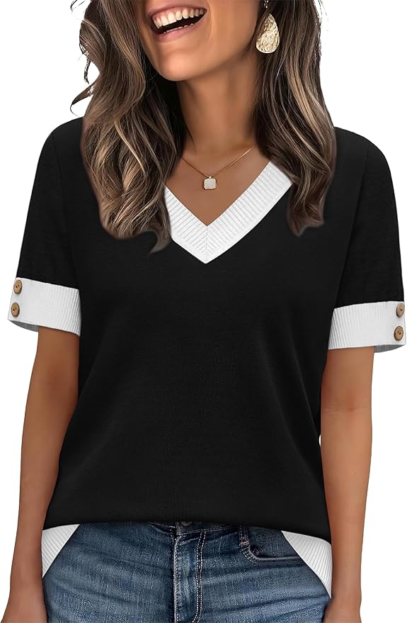 WIHOLL Women’s Lightweight Short Sleeve Knit Top with Buttons – Trendy Spring & Summer Sweater
